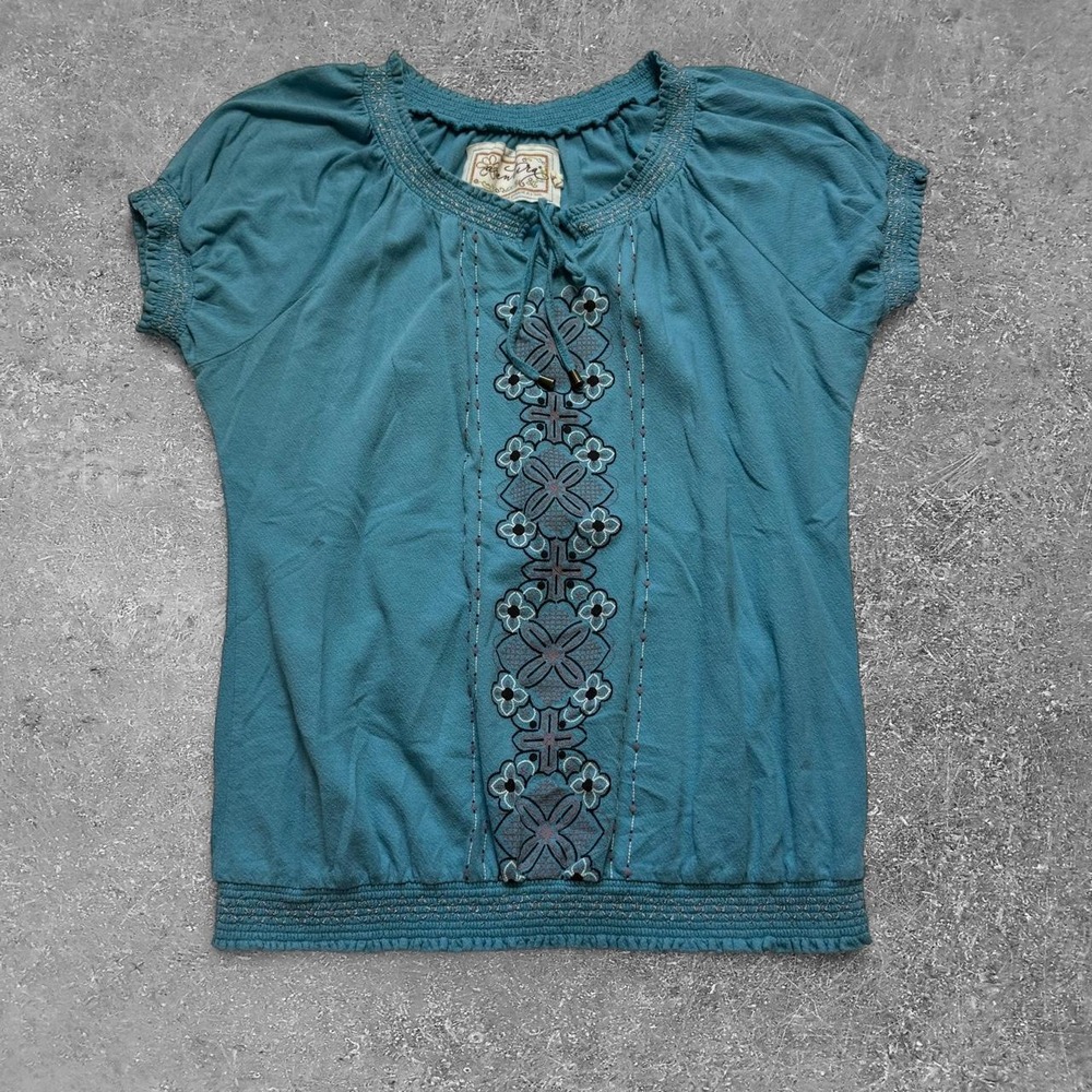Aventura Blue Embroidered Organic Cotton Blouse Fairycore Y2K Top Size M
